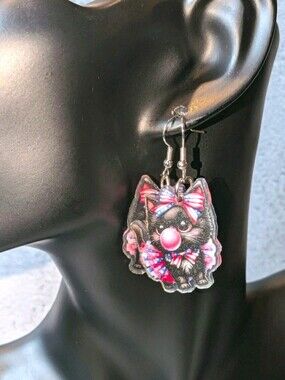 Hand Crafted Black patriotic Festive Cat Earrings with Bow Red, White, Blue Pink